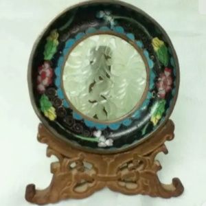 Antique, Elegant 4.25in Cloissone Plate with Inlay Carving and Stand
